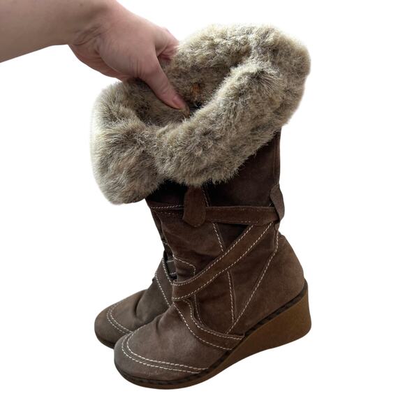 Don Diego Suede Faux Fur Buckle Wedge Snow Winter Boots size 8.5 / 39 Tan - Picture 4 of 14